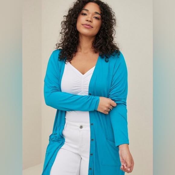 🚨NEW TORRID Blue Super Soft Knit Longline Snap Cardigan Sweater Size Large/12 - Picture 6 of 14